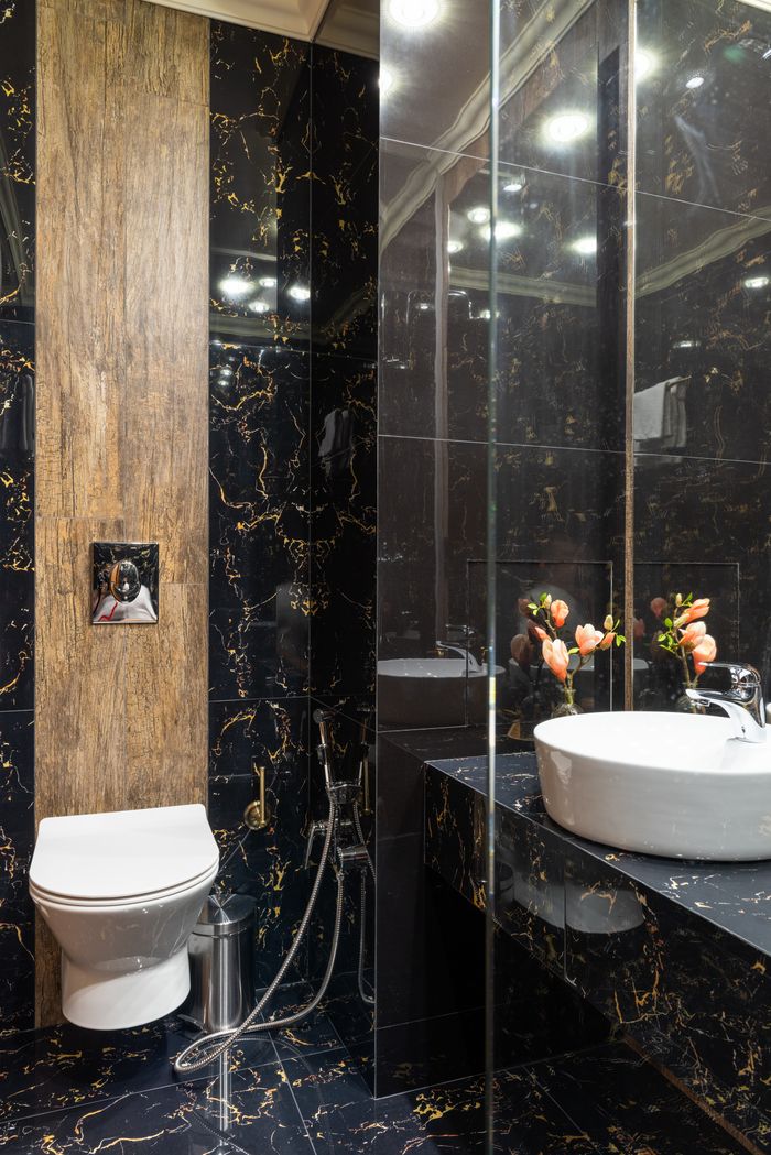 Stylish modern interior of restroom with toilet bowl and sink on black tiled surface